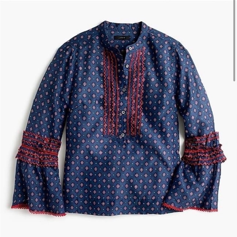 J.Crew Bell Sleeve Women’s Tunic Sz 6 Blue Red